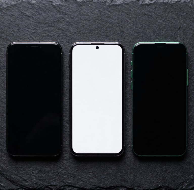 Top-down flat lay of three smartphones side-by-side on a dark slate surface, high-contrast studio lighting, subtle green rim lights