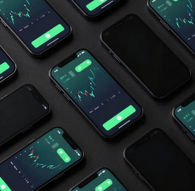 Top-down flat lay of multiple smartphones running battery stress tests side-by-side, glowing screens showing performance graphs, high-contrast studio lighting, dark background