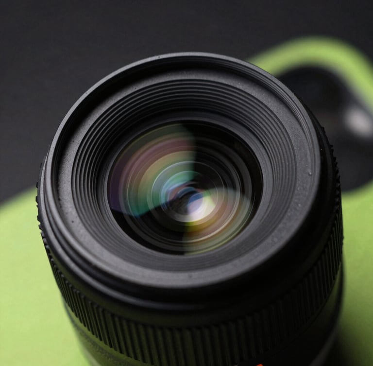 Sharp close-up macro shot of smartphone camera lenses, high-contrast studio lighting, dark background with subtle neon green accents, macro lens, 50mm