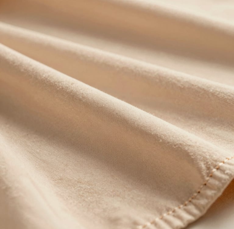 warm editorial fashion photography close-up of premium fabric texture with delicate stitching, warm golden-hour natural light, soft sand tones, shallow depth of field, 35mm