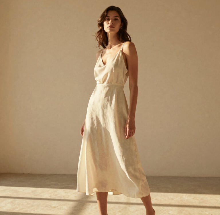 A model in natural motion wearing a fluid cream-colored dress, standing in a sun-drenched minimalist high-ceilinged interior, warm golden-hour light highlighting fabric texture and drape, medium-long shot, 35mm