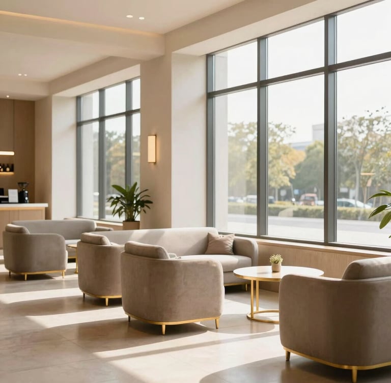 A bright, clean hotel lobby sitting area with warm natural daylight streaming through large windows, modern minimalist furniture with soft gold accents.