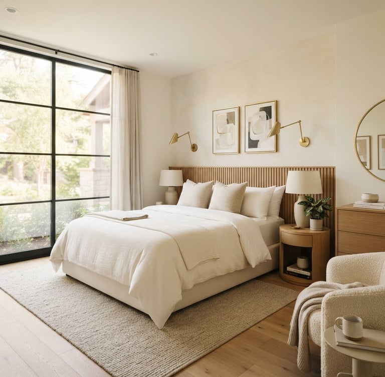 Warm editorial hospitality photography of a bright guest room with crisp white linens, natural window light, and soft gold tones.