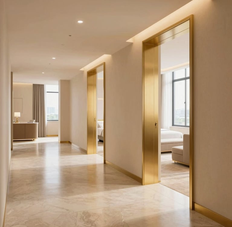 Bright, modern hotel corridor with soft warm lighting, polished floors, and elegant gold-trimmed doors leading to premium rooms