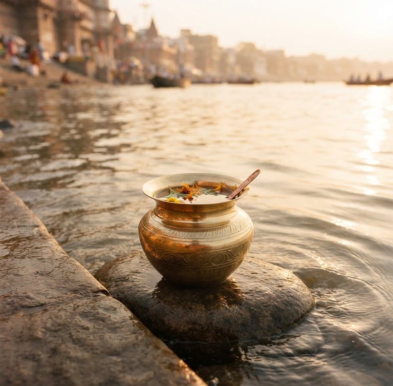 Gleaming brass lota filled with pure Ganga Jal, placed on a smooth, clean stone beside the gently flowing Ganges river at golden hour, soft morning light reflecting on the water, shallow depth of field.