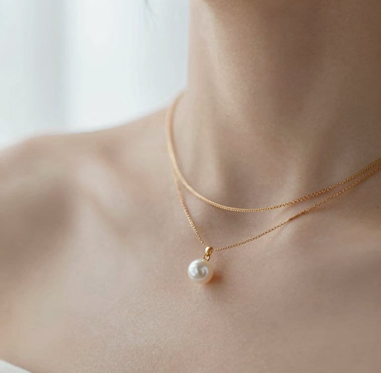 Macro close-up of delicate gold necklaces layered on a collarbone, soft diffused morning window light, warm minimalist aesthetic.