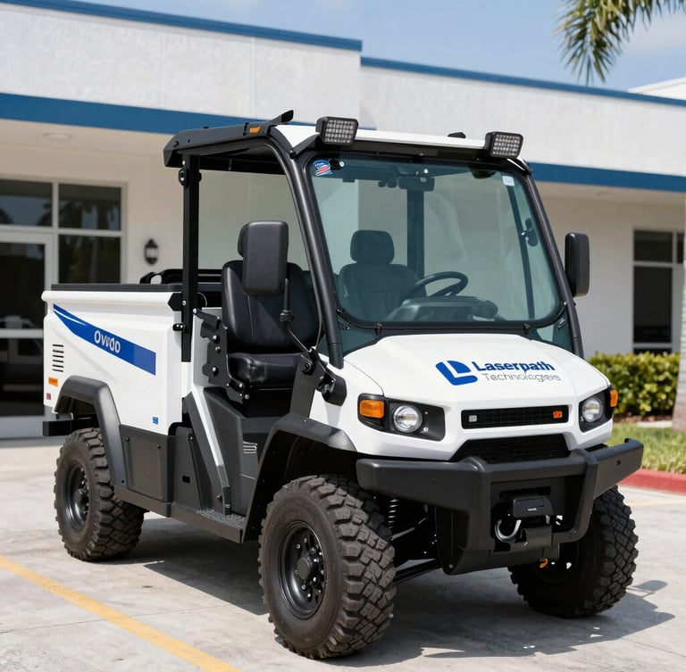 A heavy-duty utility locating vehicle with clean Laserpath Technologies branding parked outside the Oviedo office, bright Florida daylight, 35mm