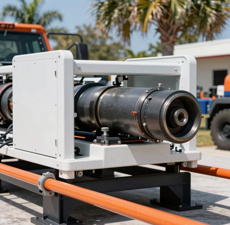 Industrial directional boring rig operating in bright Florida daylight, sharp focus on clean heavy machinery and safety orange guides, 35mm
