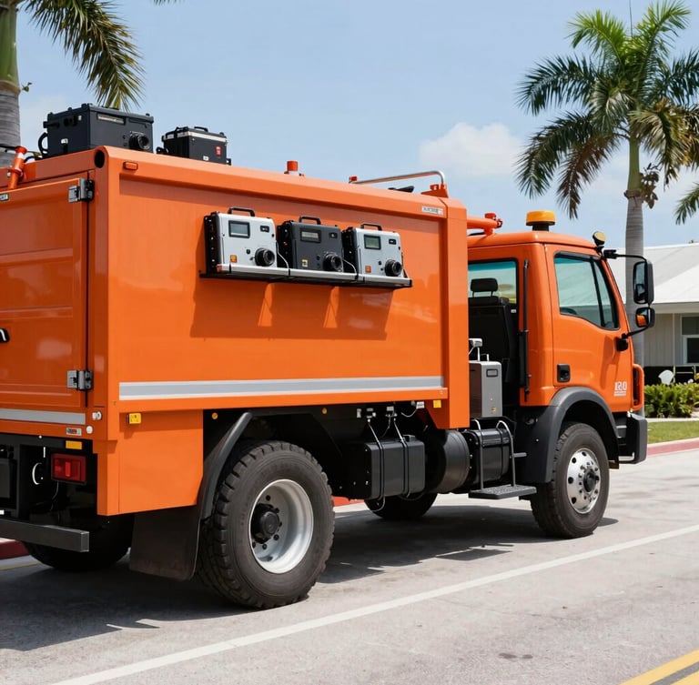 A clean, heavy-duty orange utility locating truck parked on a Florida street under bright daylight, technical gear visible, professional and highly organized setup, 35mm.
