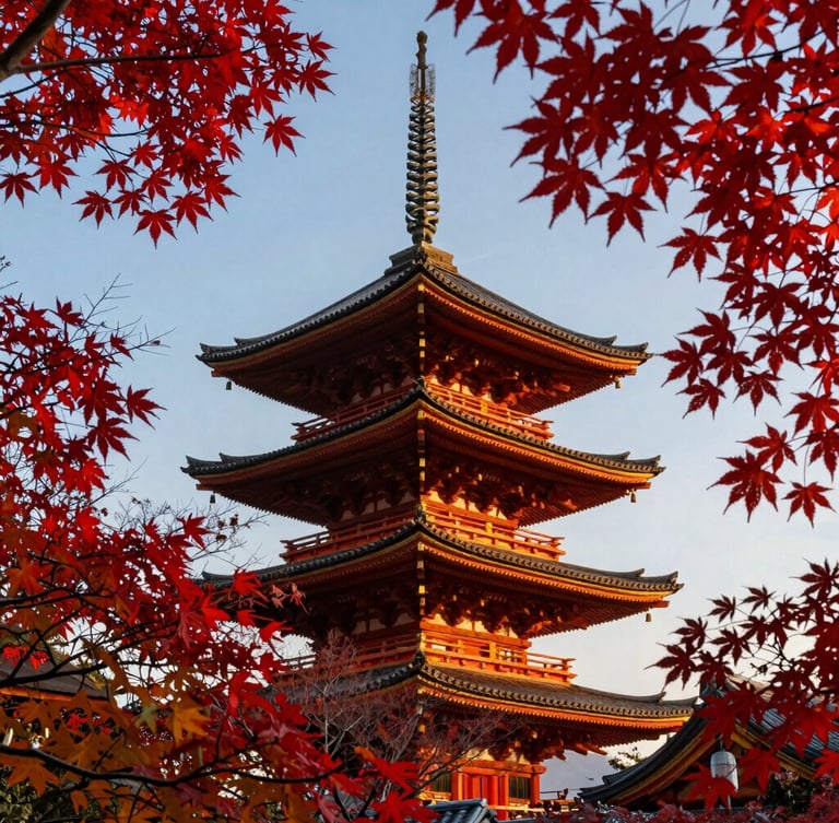 Vivid deep red maple leaves framing a traditional wooden pagoda in Kyoto, rich golden hour light, high contrast editorial photography, 35mm