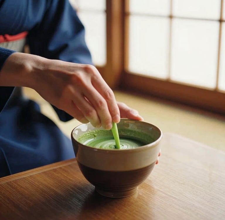 Intimate close-up of hands preparing matcha tea in a traditional Kyoto wooden room, soft golden hour light filtering through paper shoji screens, vibrant editorial style, 35mm