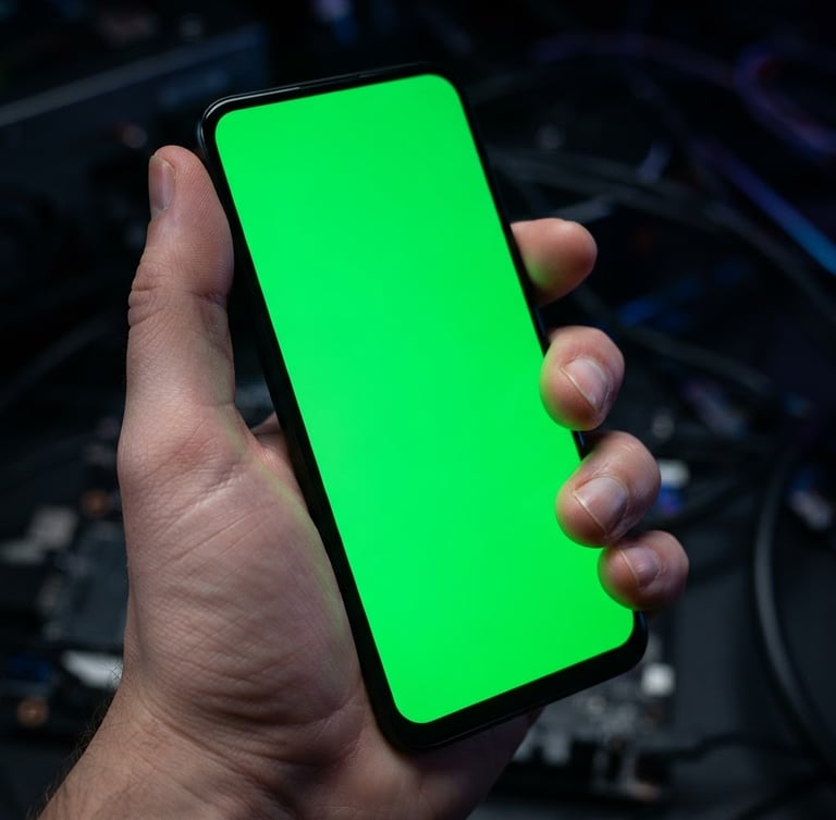 Macro studio shot of a hand holding a modern bezel-less Android phone, vibrant green screen glow casting onto fingers, dark technical background