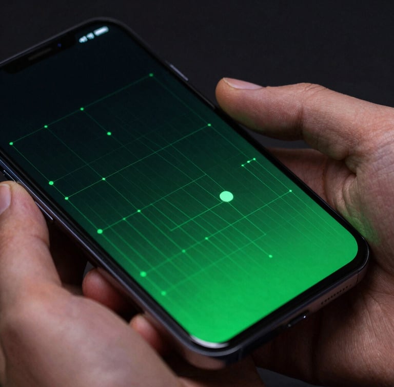 Macro close-up of physical hands holding a modern Android phone showing a high-contrast dark mode UI with neon green vector grid accents, vibrant screen glow casting onto fingers