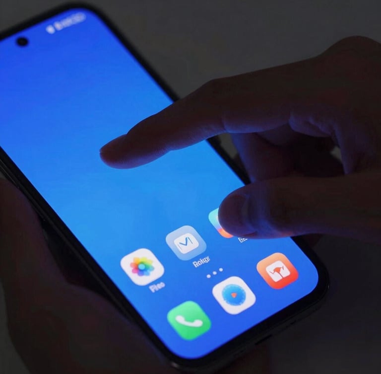 Tight macro shot, vibrant electric blue screen glow, a physical hand gesturing over a modern Android screen displaying a fluid custom launcher interface, dark studio setting