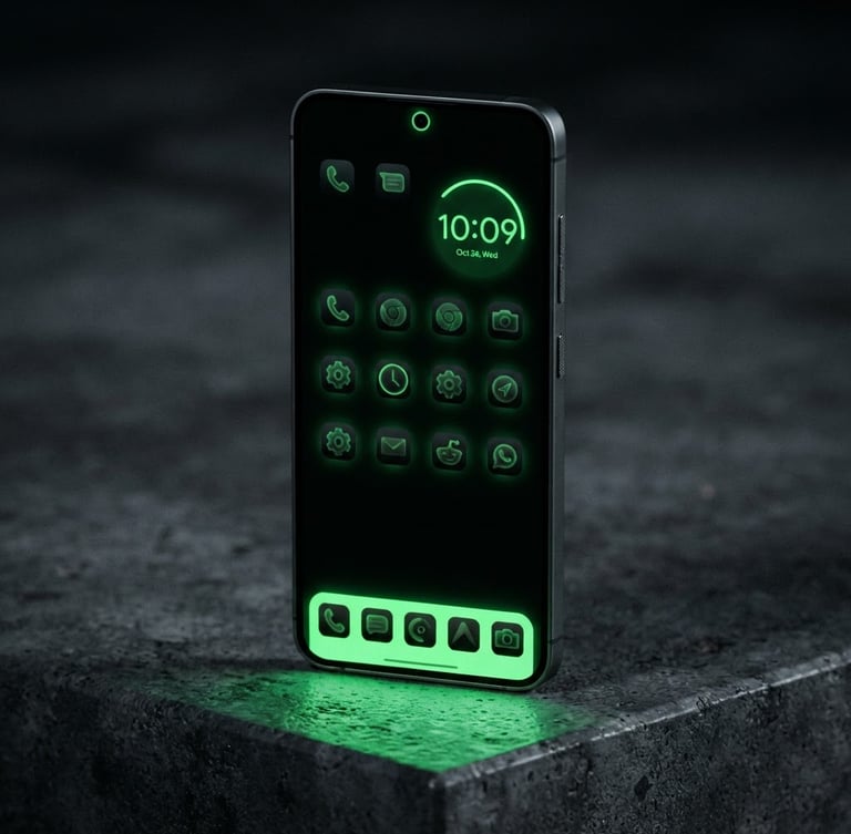 Sleek portrait product photography of a modern Android phone displaying the Apex launcher interface, vibrant neon green screen glow casting onto a dark concrete surface, moody studio lighting, macro lens detail.