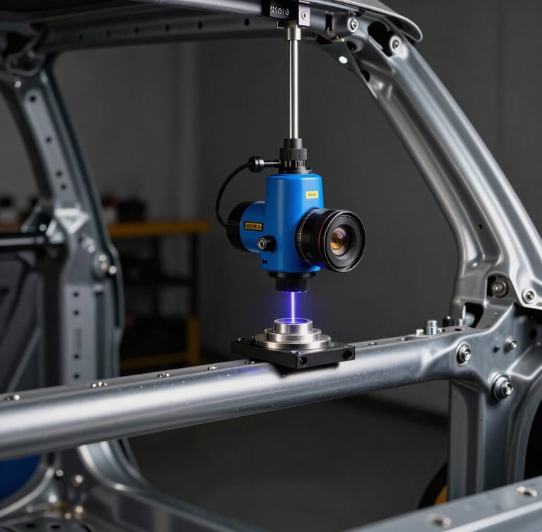 High-contrast macro shot of a car frame being measured by a blue laser scanner in a sterile, dark workshop