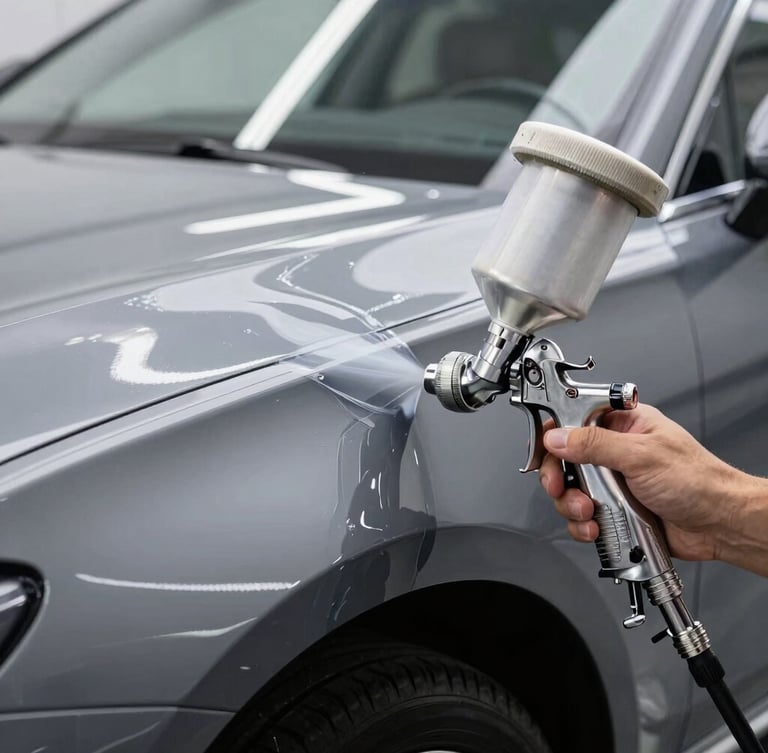 Macro shot of a spray gun applying premium clear coat onto a metallic grey car fender, sharp reflections of linear LED strip lights, clean room environment