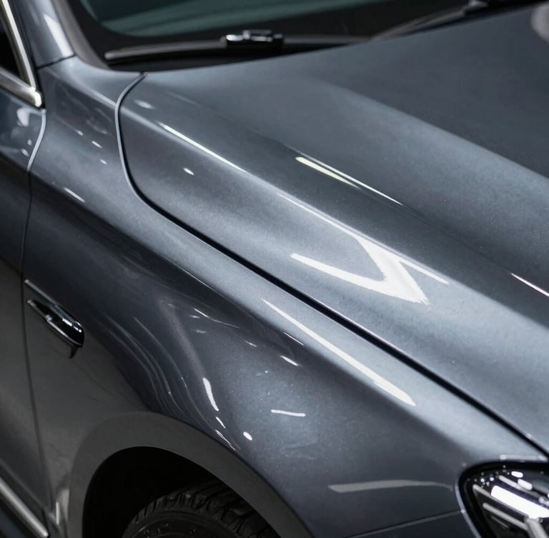 Extreme close-up of a flawless metallic car body line, sharp overhead linear LED light reflection showing perfect paint depth, deep obsidian color, high-contrast metallic details.