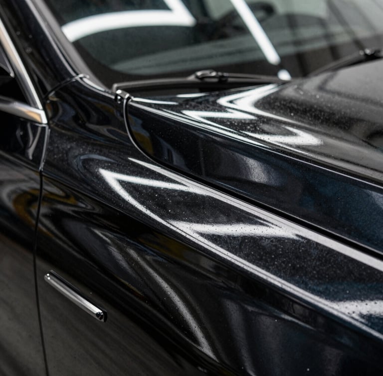 Extreme close-up of a flawless, mirror-like metallic black car body panel, reflecting sharp linear white LED strip lights from a workshop ceiling, absolute reflection clarity.