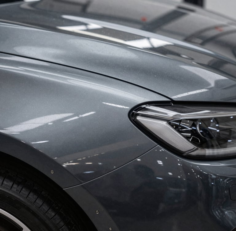 A close-up macro shot of a luxury car fender showing a razor-sharp reflection of linear overhead LED strip lights, highlighting a flawless metallic dark grey paint finish with no imperfections.