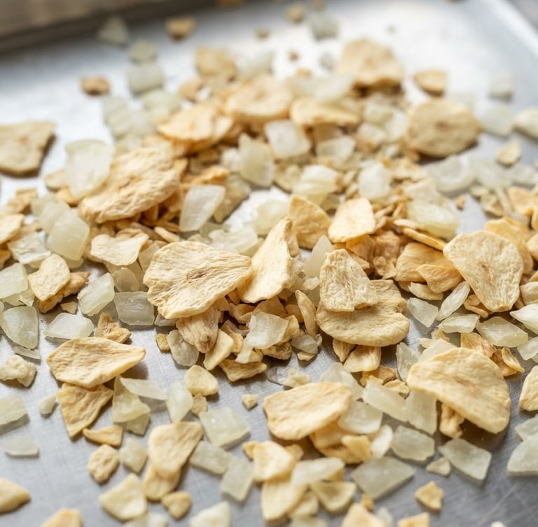 Macro commercial photography of premium dehydrated garlic flakes and white onion kibbles on a clean, industrial stainless steel surface, bright natural daylight, sharp focus