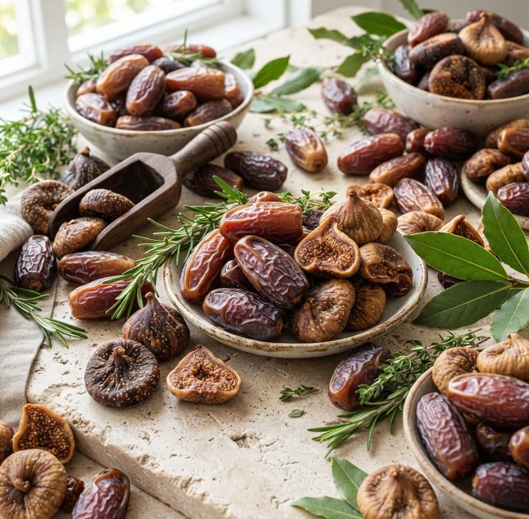 Crisp commercial photography of premium wholesale dried dates and figs arranged on a clean, light stone surface, bright natural daylight, rich earthy tones, sharp focus, 35mm lens.