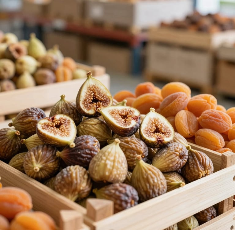 Crisp commercial photography of premium sun-dried figs and apricots stacked in clean wooden crates inside a bright, modern wholesale warehouse, natural side lighting.