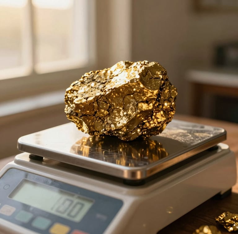 Close-up of raw gold ore being weighed on a high-precision digital scale, warm golden-hour light filtering through a window, shallow depth of field