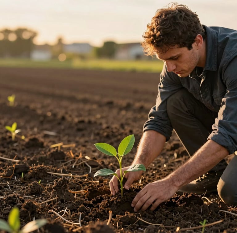Wide environmental portrait of a local environmental engineer examining a young green sapling planted in dark soil, natural golden-hour sunlight, rich dark tones with gold accents, shallow depth of field.
