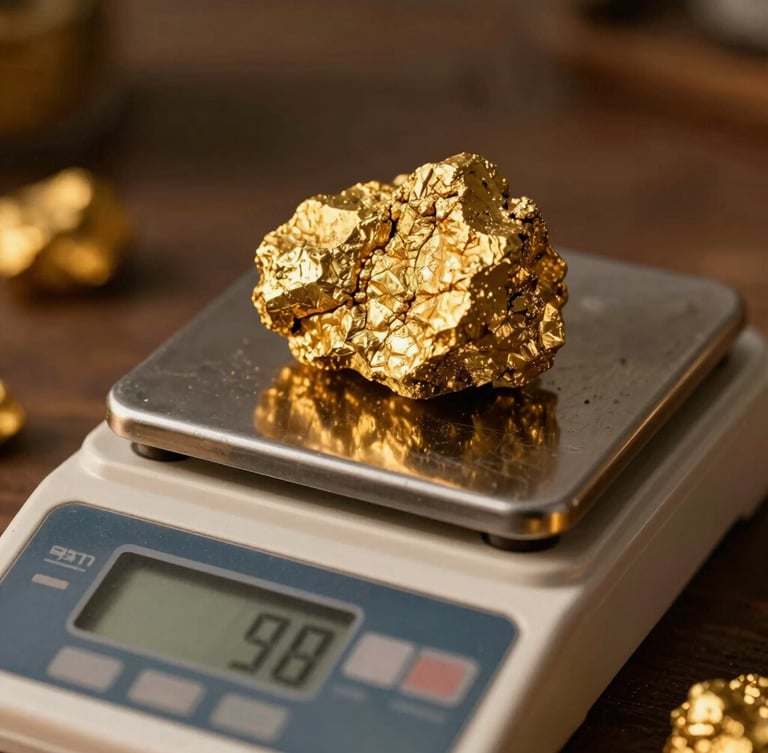 Macro detail shot of raw gold ore being weighed on a calibrated digital scale, warm editorial photography, natural golden-hour sunlight, rich dark tones