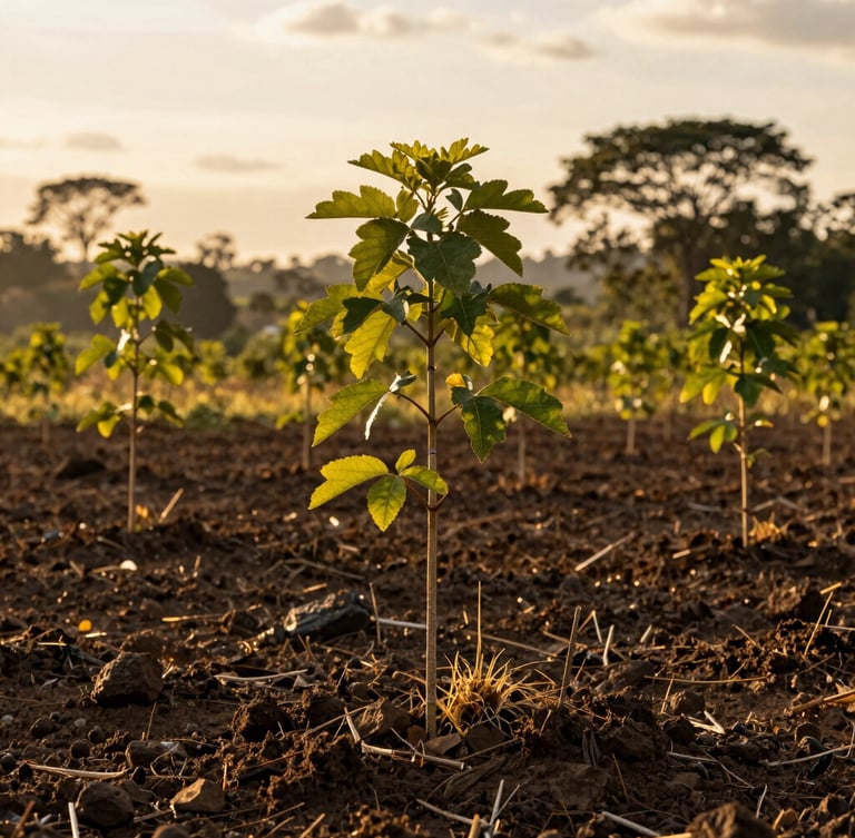 Fotografía editorial de un bosque joven reforestado en el Bajo Cauca, árboles nativos creciendo bajo la cálida luz dorada de la tarde, suelo fértil recuperado.