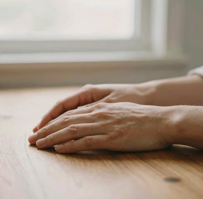 Close-up of supportive hands resting on a warm wooden table, soft diffused window lighting, shallow depth of field, 35mm