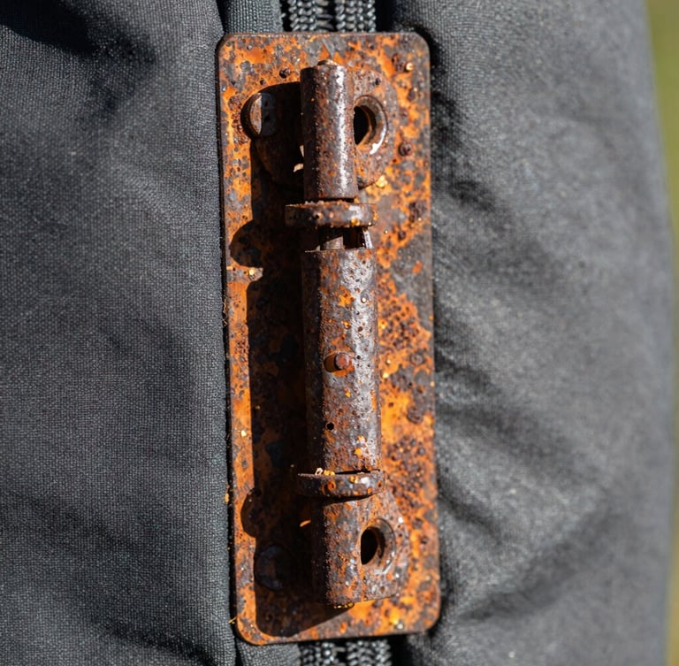 Macro close-up of a rusted, dismantled hinge from an outdoor gear item, showing corrosion and wear, hard direct natural light, high-contrast details, realistic wear and tear, 50mm lens