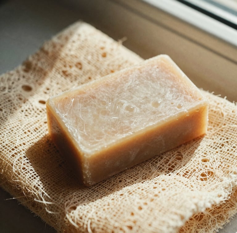 Close-up of a solid shampoo bar resting on a natural loofah, warm afternoon sunlight, earthy muted tones, tactile textures, 35mm film