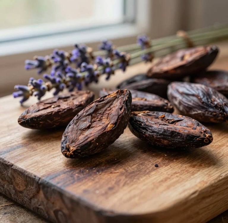 Macro shot of raw cacao chunks and lavender sprigs resting on a rustic wooden board, soft warm window light, tactile textures, earthy tones