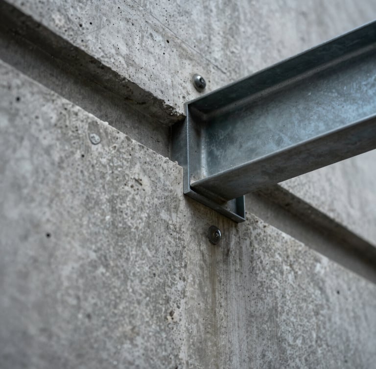 Macro close-up of raw textured concrete wall meeting a sharp steel beam, high-contrast architectural lighting, cool daylight.