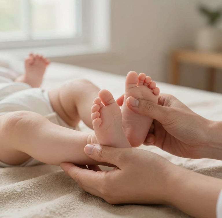 Close-up of a therapist's gentle hands supporting a baby's feet on a soft sand-colored blanket, warm natural light, shallow depth of field.