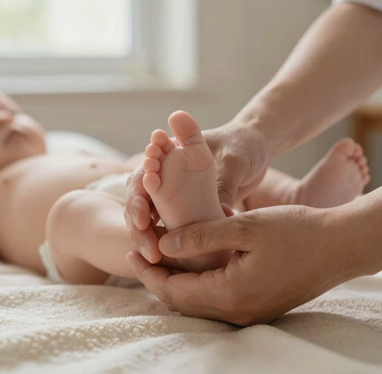 Close-up of a physical therapist's gentle hands supporting a baby's feet on a soft cream blanket, warm natural window light, shallow depth of field