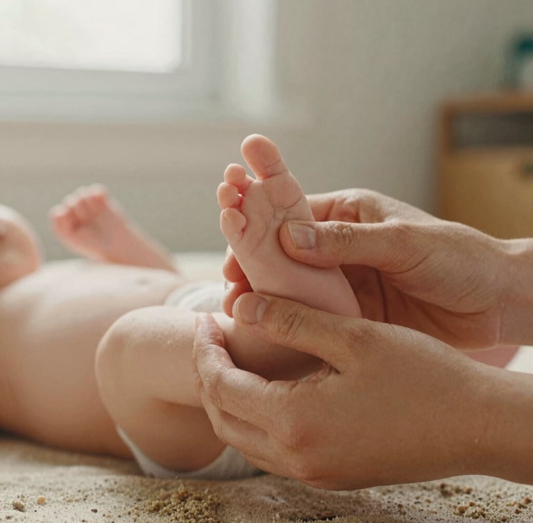 Close-up of gentle hands supporting an infant's feet during a developmental movement exercise, soft natural daylight, warm sand tones, 35mm photography