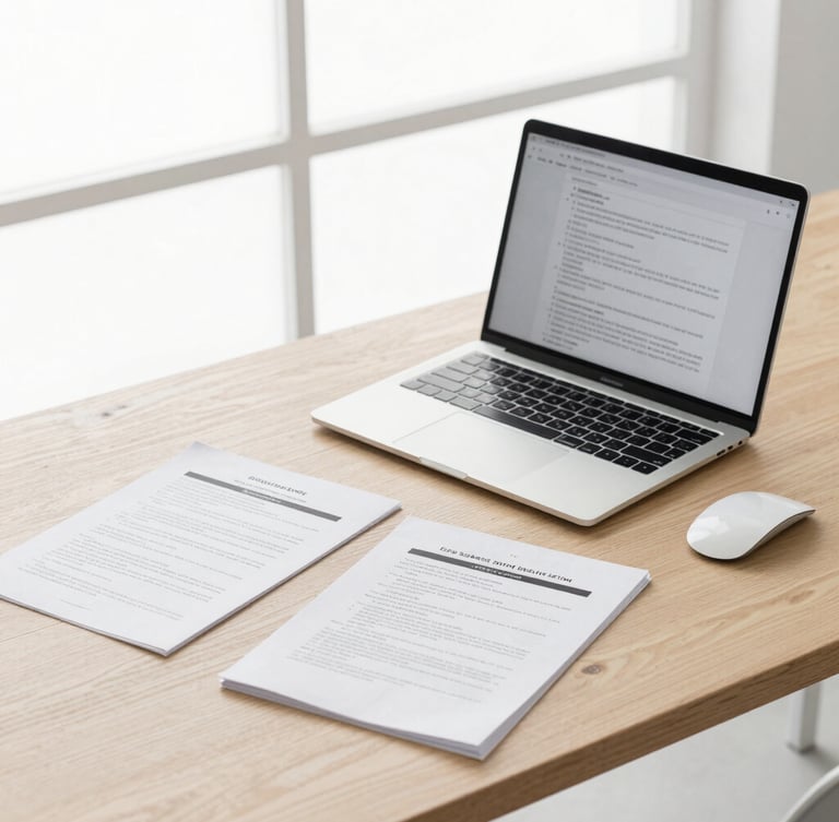 A clean minimalist modern workspace with a sleek laptop and organized legal documents on a light oak desk, bright natural overcast daylight, cool corporate tones, sharp focus.