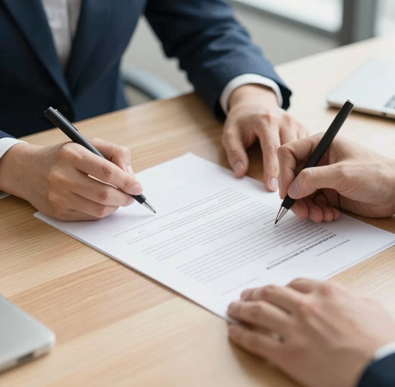 A close-up of hands signing incorporation documents on a clean wooden desk, bright natural daylight, cool corporate tones, sharp focus.