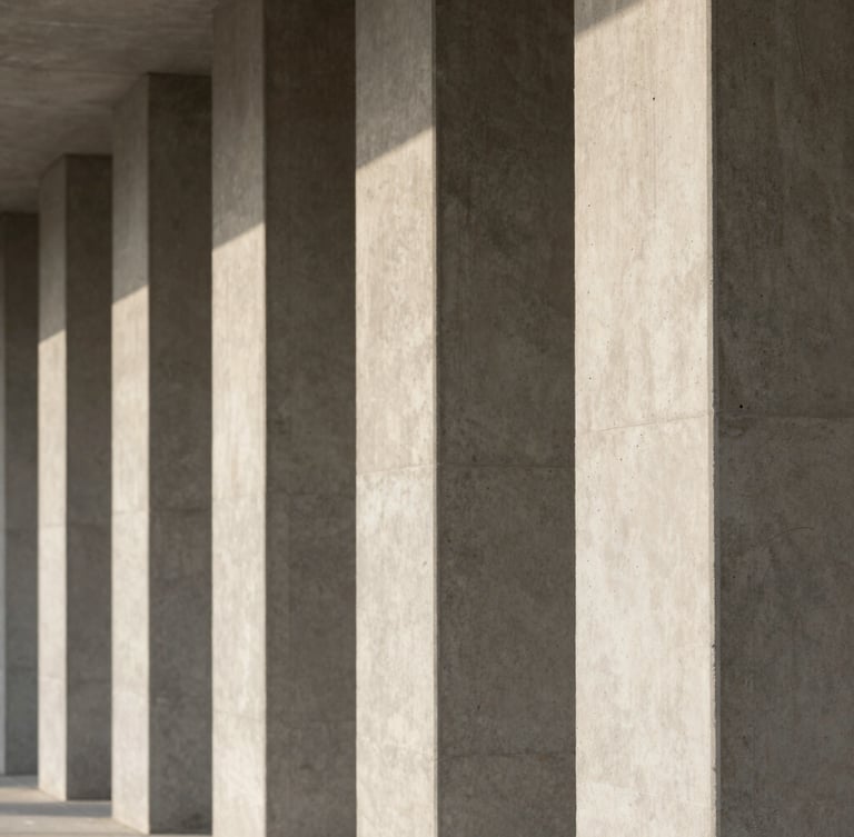 A close-up of clean, minimalist concrete architectural pillars in soft, diffused morning light, creating a sense of structural order and stability.
