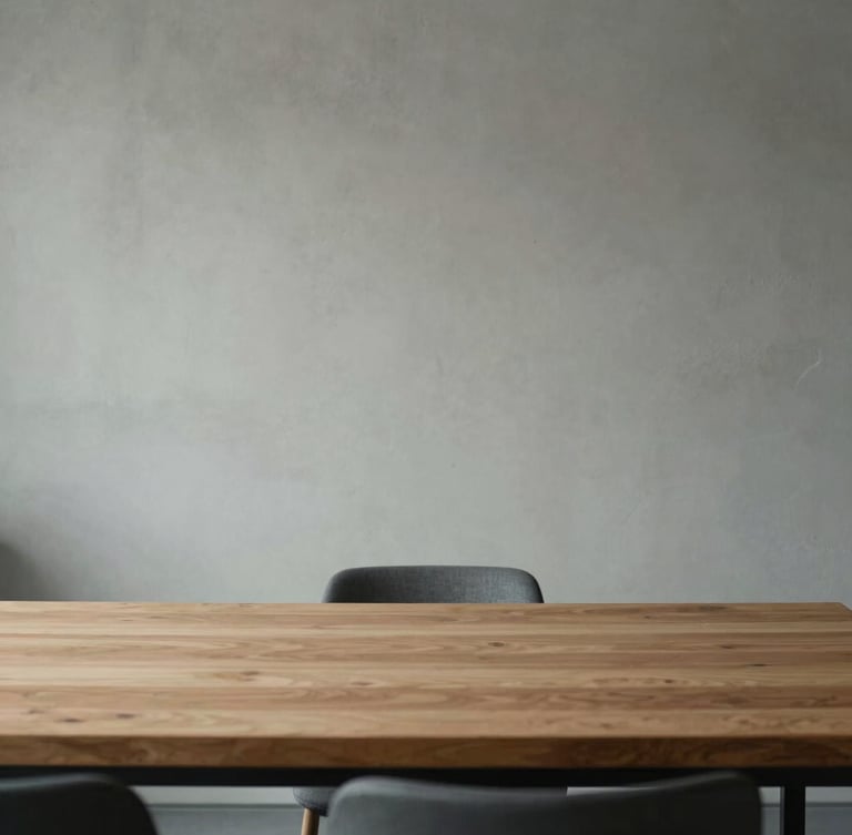 Weitwinkel-Aufnahme eines minimalistischen Konferenzraums in Wiesbaden bei diffusem Tageslicht, strukturierte Betonwand im Hintergrund, leerer Massivholztisch im Vordergrund, keine Personen.