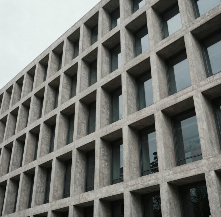 Sober architectural perspective of a modern concrete office building facade, sharp geometric lines, soft overcast daylight, minimal composition.