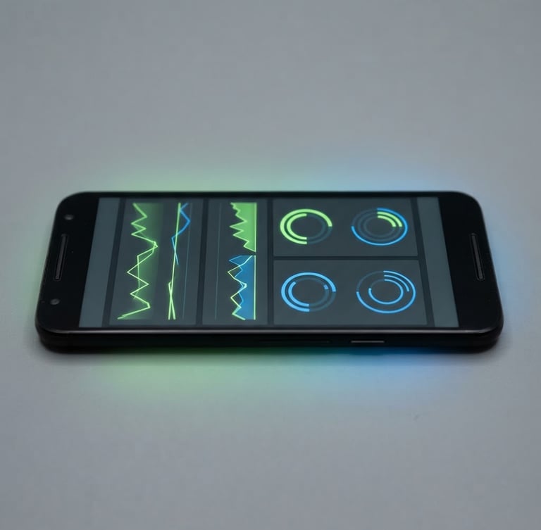 Macro studio shot of a physical budget Android smartphone lying flat, showing a crisp, high-contrast Material Design utility interface with vibrant green accents, subtle electric blue ambient glow, sharp focus, 50mm lens
