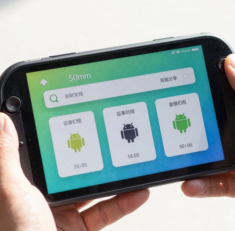 Close-up of a rugged Android handheld device displaying a high-contrast utility app interface, held in a hand under direct sunlight, sharp focus, 50mm lens.