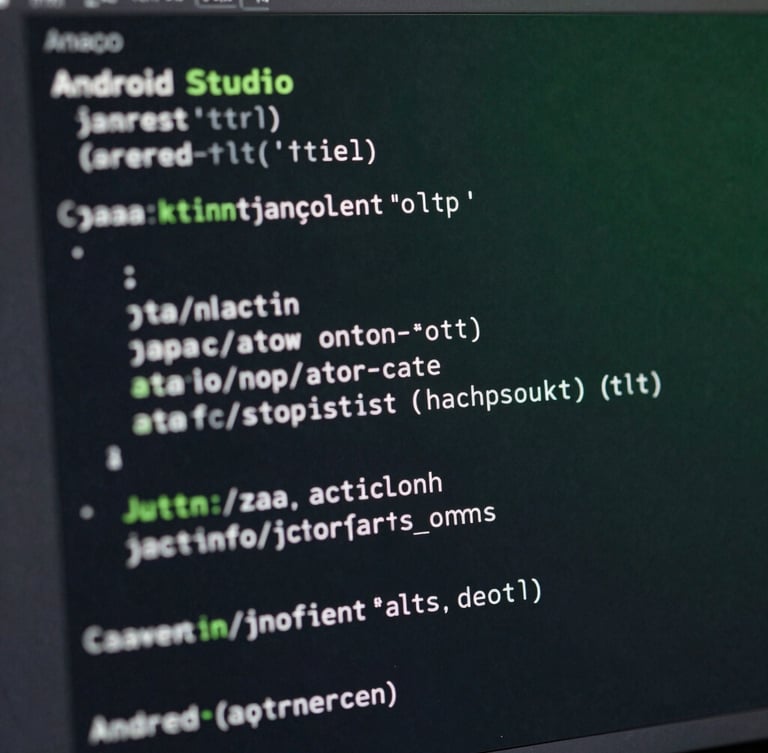 Close-up macro shot of Android Studio code on a dark monitor, showing clean, optimized Java/Kotlin syntax, with a subtle green ambient glow reflecting on the screen, crisp studio lighting.