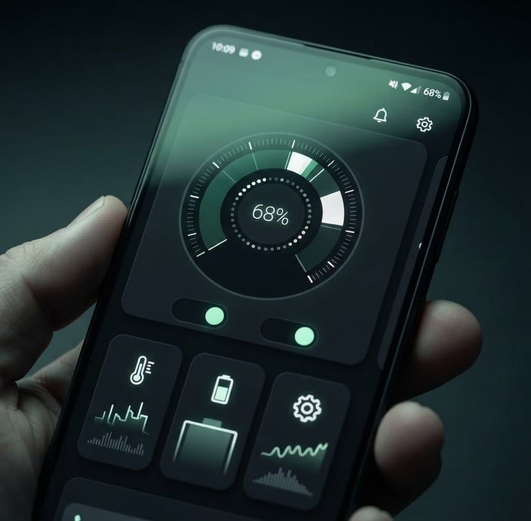 Macro shot of a modern Android smartphone displaying a clean, dark-mode utility app interface, cool studio lighting, subtle green ambient glow reflecting on the screen, crisp pixel-perfect UI details.