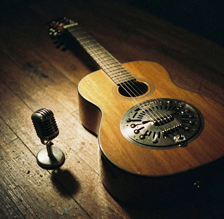 Close-up of a hand-worn resonator guitar and vintage microphone resting on dusty floorboards, warm side spotlight, low-lit room, 35mm film grain.