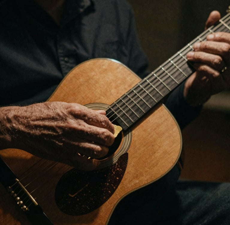 Close-up of calloused hands sliding a brass slide down the neck of a vintage resonator guitar, low-key warm spotlight, deep shadows, dust particles in the air
